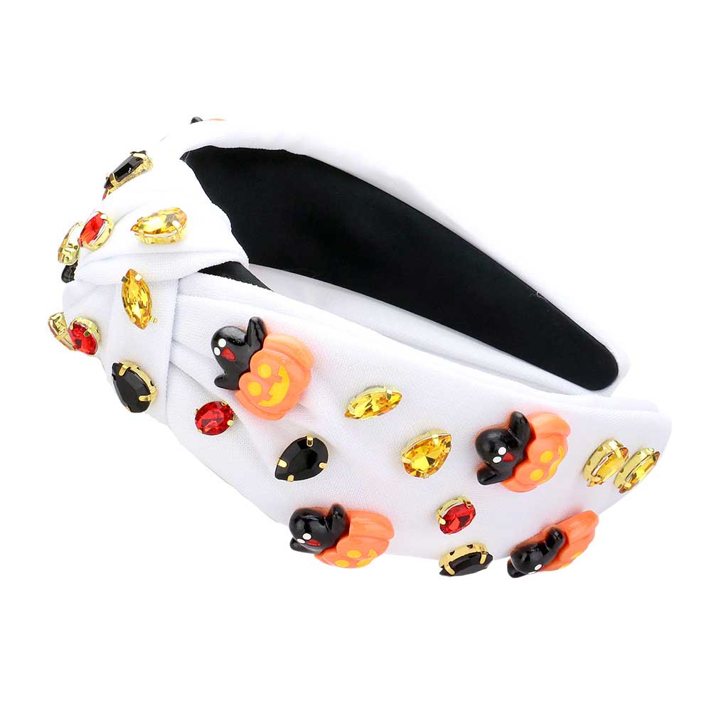 White-Halloween Charm Stone Cluster Embellished Knot Headband. Made with high-quality materials, this headband adds a touch of elegance to any Halloween costume. With its unique charm stones and stylish knot design, it's sure to make a statement. Perfect for completing your Halloween look.