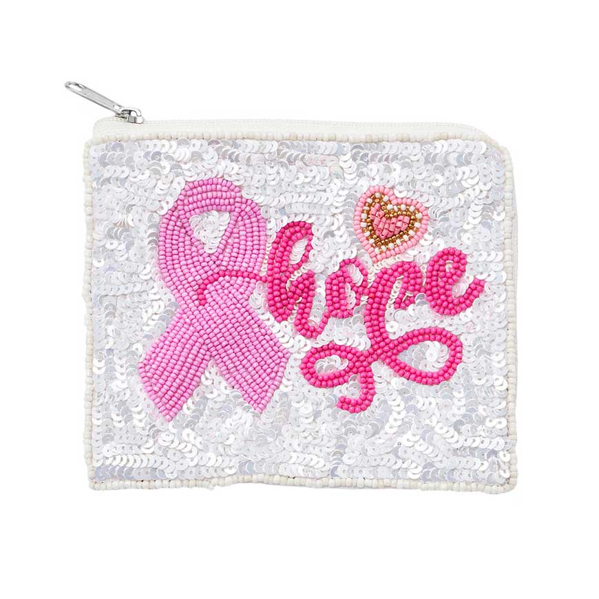 This mini pouch bag is perfect for any breast cancer survivor. The hope message sequin beaded pink ribbon heart on the front is a great reminder of all the courage and strength it takes to fight cancer. Show your support with this special bag.
