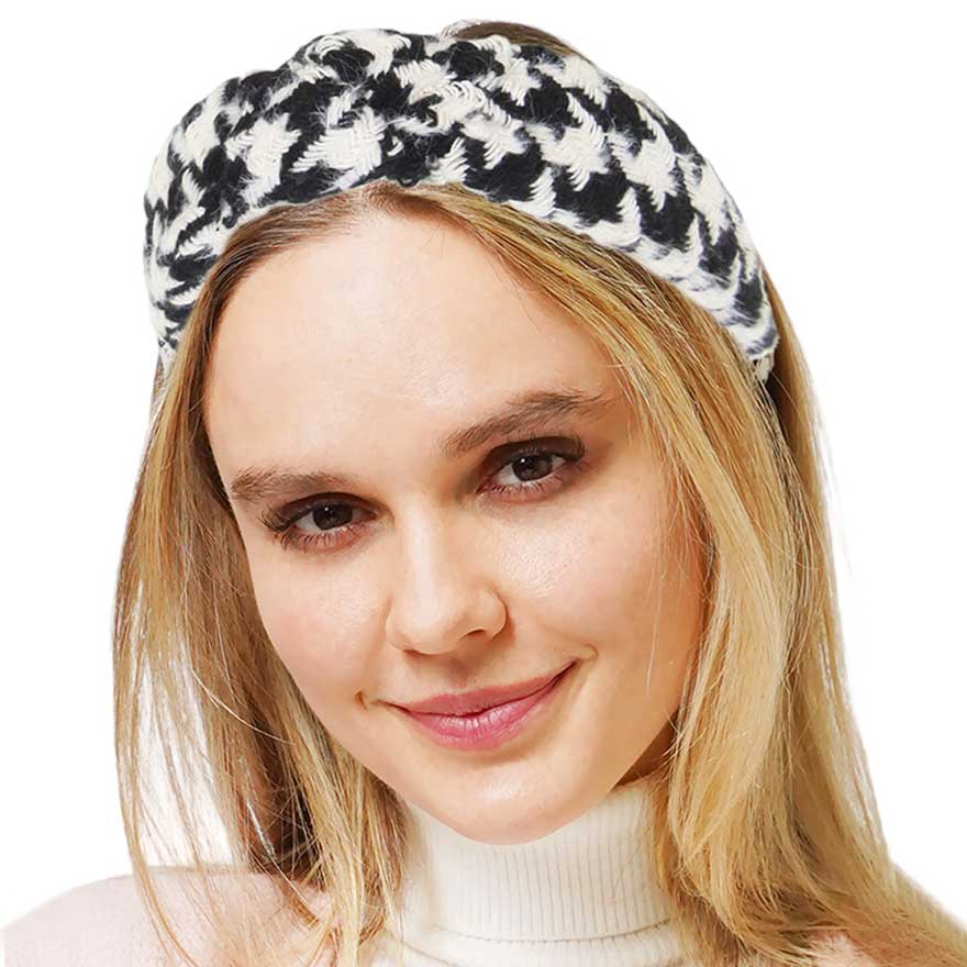 White Houndstooth Patterned Knot Burnout Headban, Its lightweight construction and knot detail provide a secure fit ensuring you look great all day. Perfect for everyday wear. Push back your hair with this pretty plush headband. Perfect gift for birthday, anniversary, Mother's Day, holiday, or any other relevant event.