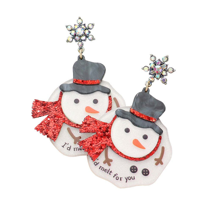 White I'd Melt For You Message Snowflake Resin Snowman Earrings, are the perfect way to make a subtle statement. The link dangle earrings feature snowflake-glittered resin snowmen, sure to bring a smile to your face. Wear them for the Christmas season or any day of the year. This can be a perfect Christmas gift.