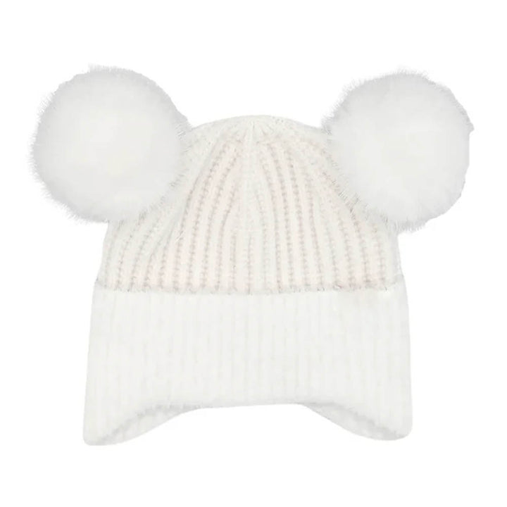 White Kids Faux Fur Earflap Double Pom C.C Beanie combines warmth and playful design, featuring soft faux fur earflaps for added protection against cold and two double pom-poms for a charming look. Crafted from durable materials, this beanie ensures comfort and reliable insulation, making it an excellent choice for keeping children cozy during winter activities. 
