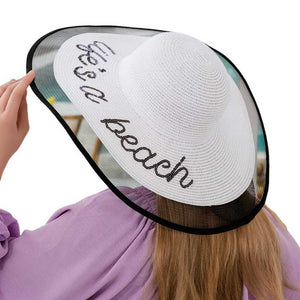 White Don't get lost in the sun, catch some shade with our Life is a Beach Message Mesh Brim Straw Sun Hat. Emblazoned with a playful message, this hat is perfect for all your beach adventures. Stay cool and stylish while making a statement with this fun and practical hat.