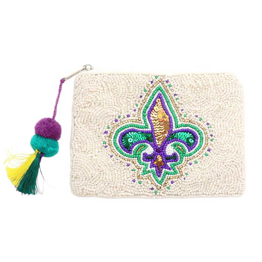 White Mardi Gras Seed Beaded Sequin Fleur de Lis Pom Pom Tassel Mini Pouch Bag, This eye-catching bag will add a touch of style to any occasion. Its intricate beaded fleur de lis design, vibrant colors, and pom pom with tassel create a truly unique look, while its small, lightweight form makes it perfect for everyday use.