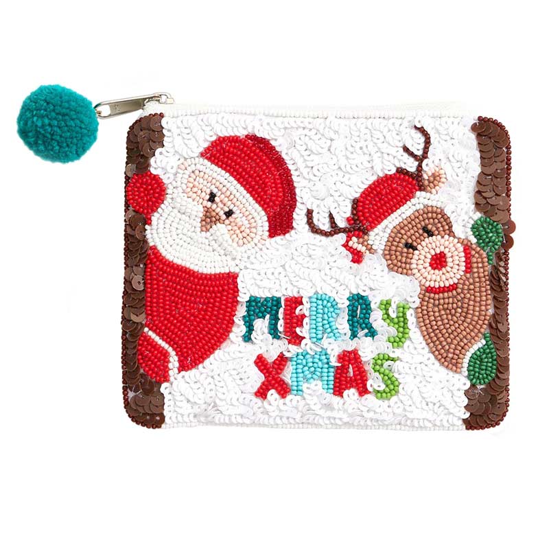 White Merry Xmas Message Santa Rudolph Christmas Mini Pouch Bag, Be the ultimate fashionista while carrying this trendy message-themed mini pouch bag! This pretty & tiny pouch bag will sure to bring a smile to one's face as a gift. This is the perfect gift for Christmas, especially for your friends, family.
