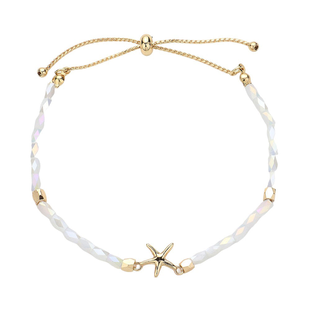 White Metal Starfish Pointed Faceted Beaded Pull Tie Cinch Bracelet! Perfect for any occasion, this bracelet features a stunning metal starfish charm and intricately faceted beads that add a touch of elegance and style. Elevate your look and make a statement with this unique and versatile bracelet.