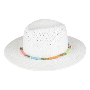 White Multi Color Straw Band Straw Hat, Introducing our perfect accessory for any summer outfit! Made with high-quality straw, this hat is durable and provides excellent UV protection. The stylish multi-color band adds a pop of color to your look while keeping you cool and comfortable. Upgrade your summer style.
