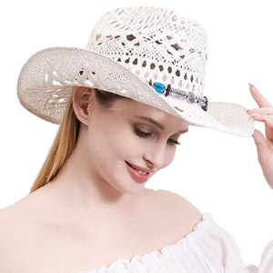 Natural Stone Wood Accented Straw Cowboy Sun Hat