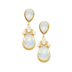 White Opal Victorian Teardrop Crystal Rhinestone Evening Earrings. Elevate your evening elegance with these Earrings. Crafted with exquisite detail, these timeless accessories sparkle with vintage charm. Perfect for adding a touch of sophistication to any special occasion outfit.