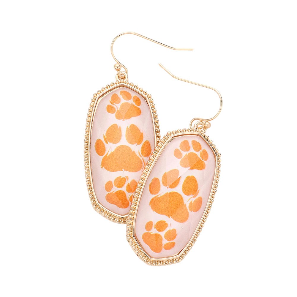White Orange Adorned with three paw shapes, the Game Day Triple Paw Pointed Hexagon Dangle Earrings make a striking statement. These earrings feature a unique hexagon design and crafted from high-grade alloy, ensuring long-lasting wear and durability. Make a statement while supporting your favorite team with these trendy earrings.