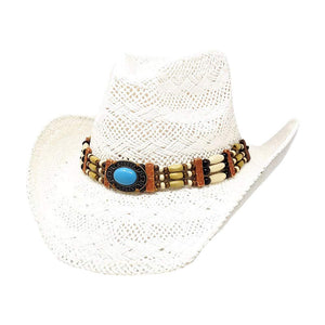 White Oval Turquoise Stone Pointed Wood Beaded Straw Cowboy Hat, Step up your Western style with our finely crafted cowboy hat. This hat features a beautiful oval turquoise stone and pointed wood beaded design, adding a unique touch to your outfit. Made with high-quality straw material, it offers both style and comfort.