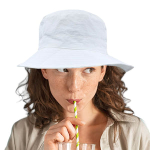 White Packable Compact Outdoor Bucket Hat, stay prepared for any sunny adventure, and don't get caught in the sun without this clever bucket hat! Perfect for any outdoor adventure, this hat packs easily into your bag and provides ample shade when needed. Stay protected and stylish with this must-have accessory.