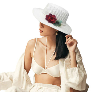 White Pearl Band Rose Corsage Pointed Raffia Sun Hat, Elevate your summer look with our stylish and trendy sun hat. The chic design features a delicate pearl band and a beautiful rose corsage, perfect for any occasion. Crafted from high-quality raffia, this sun hat offers both style and protection from the sun's harmful rays