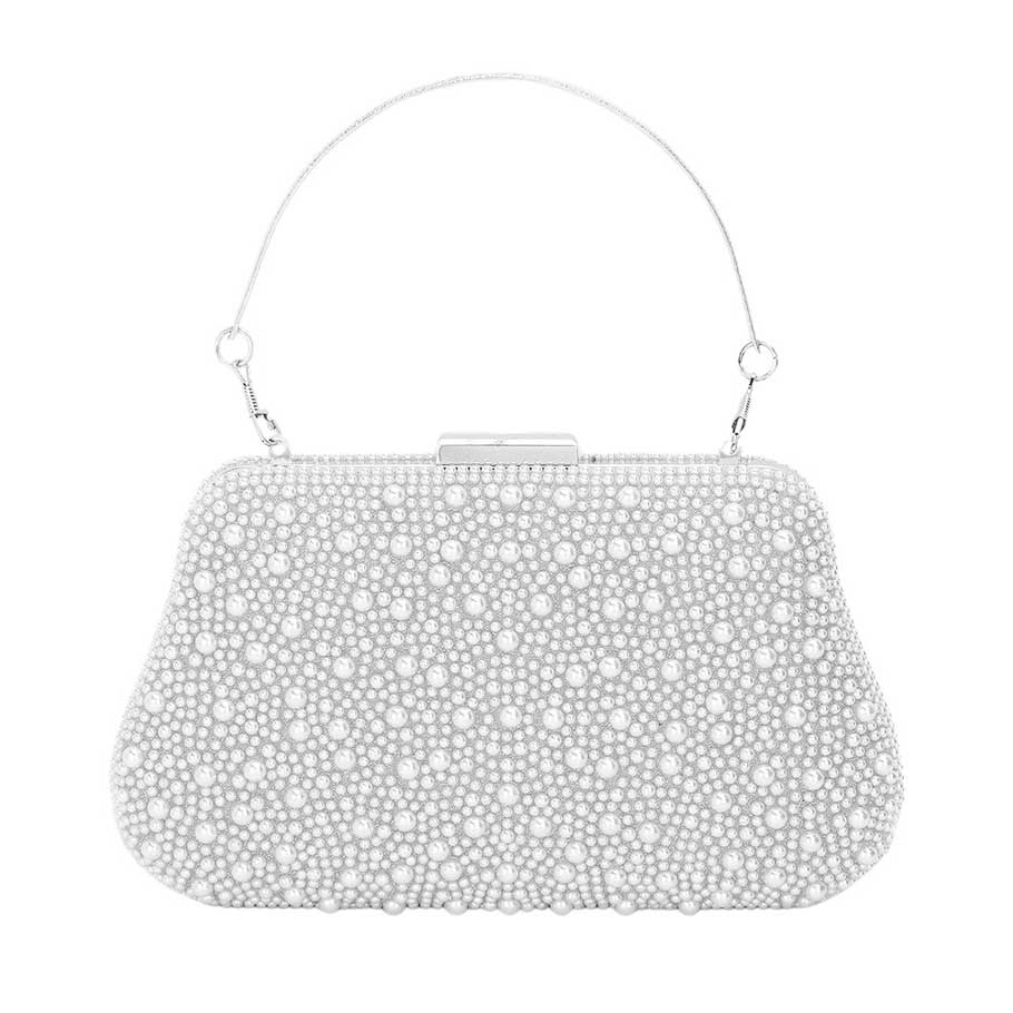 White Pearl Embellished Evening Clutch Bag Crossbody Bag, This pearly piece packs a punch as a clutch or crossbody bag. A must-have for any evening out, it adds a touch of elegance and fun to any outfit. With versatile wear and a playful design, this bag is a perfect addition to your collection.