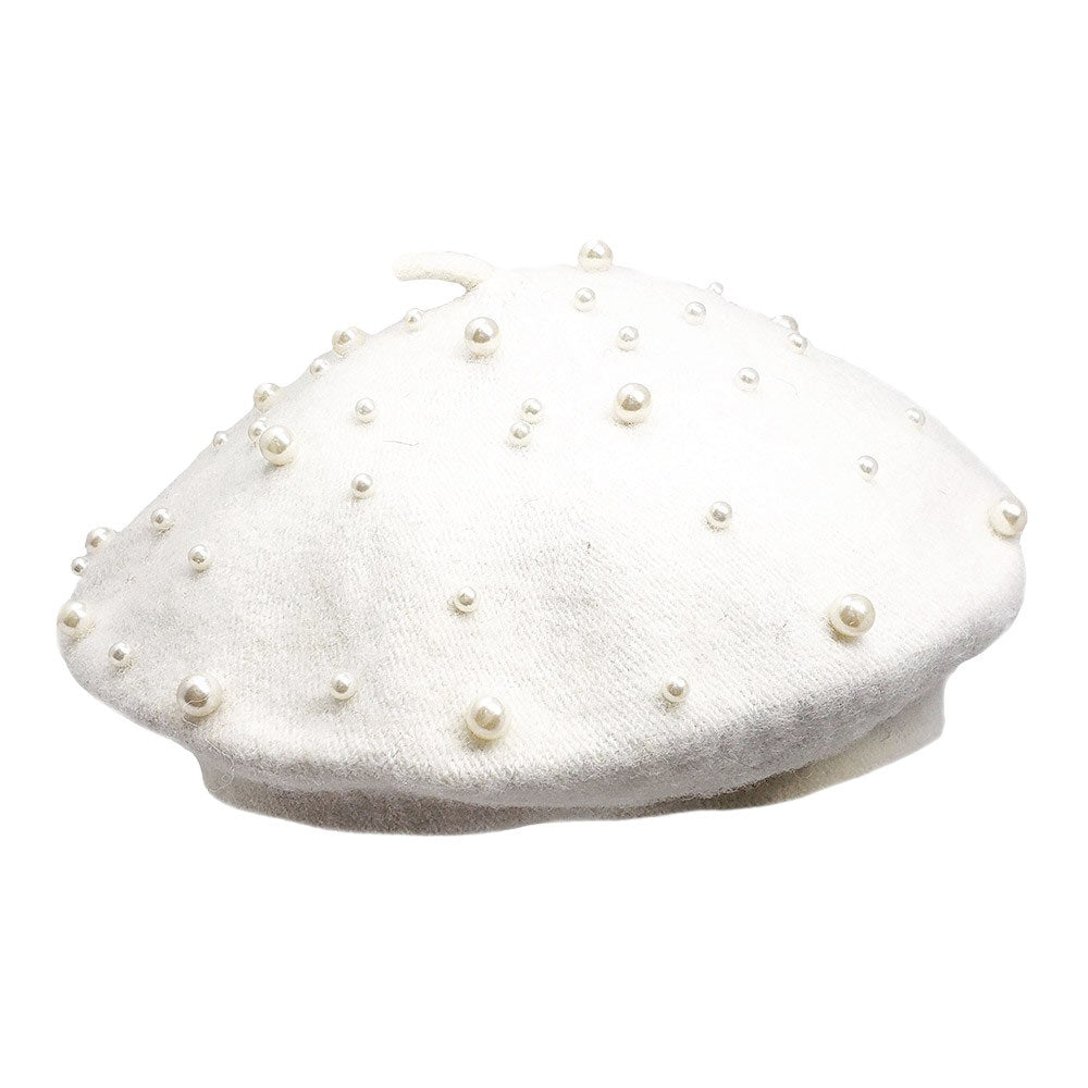 White-Pearl Embellished Tam Beret Hat, Featuring a classic beret design, this stylish hat is adorned with elegant pearls for a touch of sophistication.Adding a touch of glamour to any outfit, this hat is a must-have accessory for any fashion-forward individual.Upgrade your style today with our Pearl Embellished Tam Beret Hat