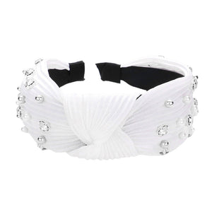 White Pearl Metal Ball Round Stone Knot Burnout Pleated Headband, be the ultimate trendsetter & be prepared to receive compliments wearing this round stone headband with all your stylish outfits! Perfect for everyday wear, outdoor festivals, and many more. Awesome gift idea for your loved one or yourself.
