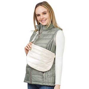 White Puffer Half Moon Crossbody Bag, be the ultimate fashionista when carrying this puffer half-moon crossbody bag in style. It's great for carrying small and handy things. Keep your keys handy & ready for opening doors as soon as you arrive. Stay comfortable and smart.