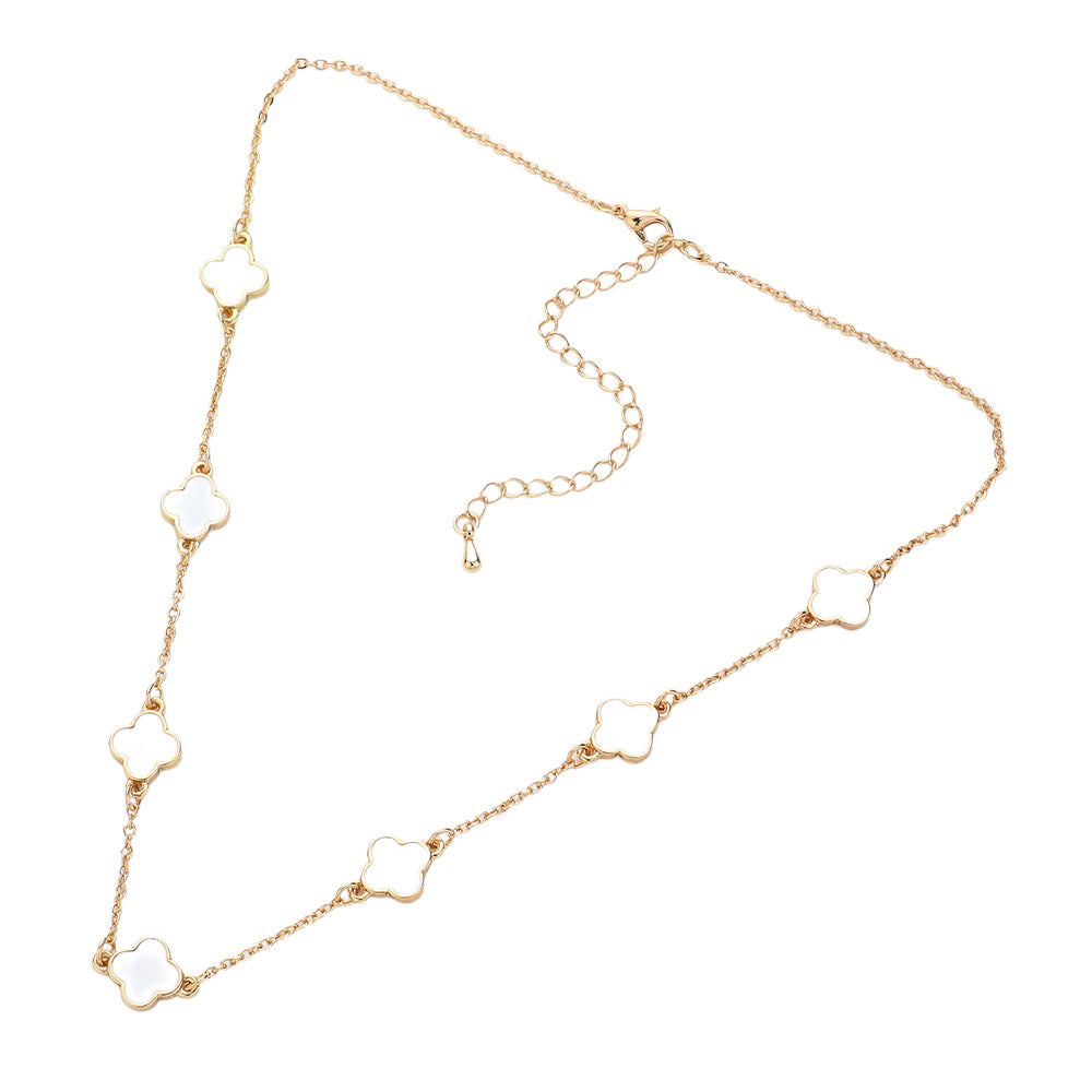 White Quatrefoil Station Necklace is a sophisticated and timeless piece to elevate any outfit. Crafted with our unique quatrefoil design, this necklace is perfect for everyday wear or special occasions. Made with high-quality materials, it's a must-have staple for any jewelry collection.