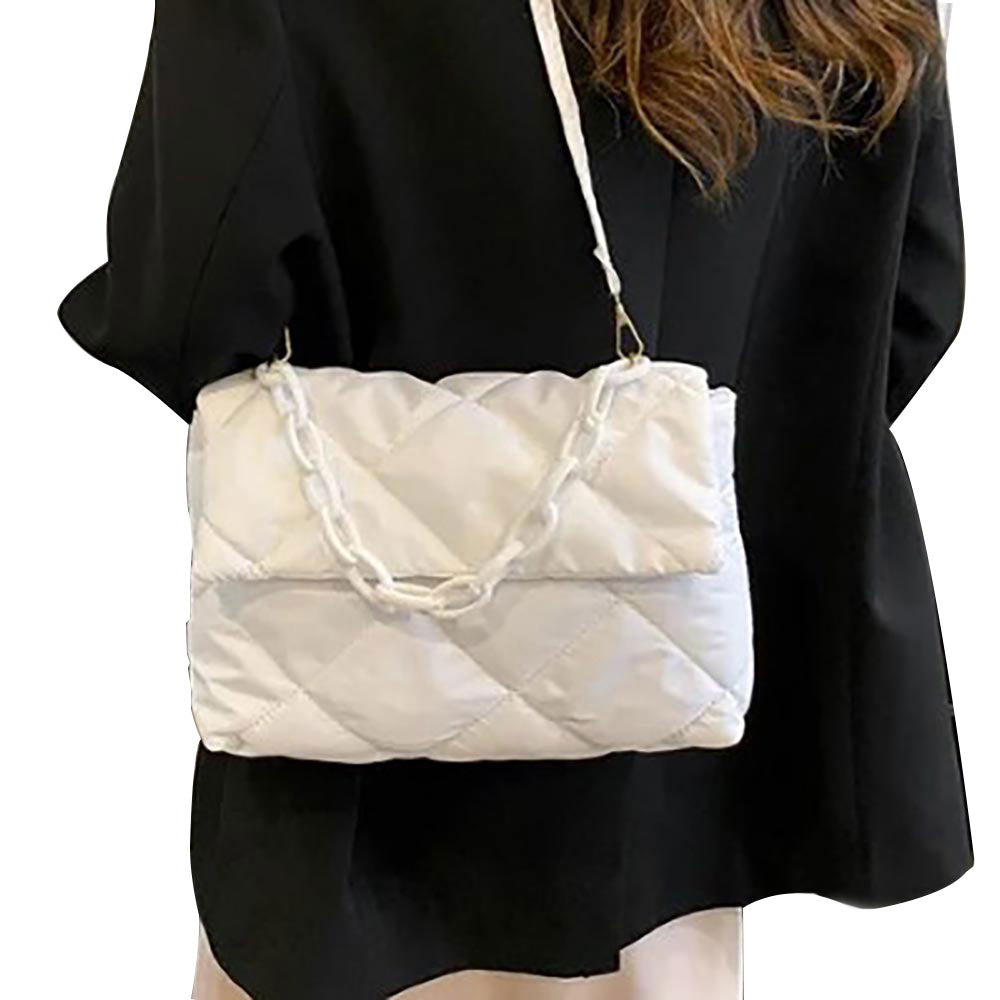 White Quilted Padded Flap Shoulder Bag Crossbody Bag, this bag is expertly crafted for both style and functionality. With its padded design and quilted detailing, this bag offers both a stylish and comfortable way to carry your essentials. The flap closure adds an extra layer of security, perfect for daily or occasional use.
