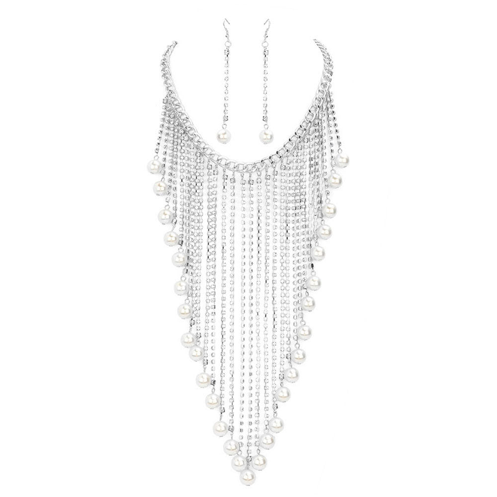 White Rhinestone Ball Fringe Drop Evening Necklace, These gorgeous Rhinestone pieces will show your perfect beauty & class on any special occasion. The elegance of these rhinestones goes unmatched. Great for wearing at a party! Perfect for adding just the right amount of glamour and sophistication to important occasions. These classy Rhinestone Fringe Jewelry Sets are perfect for parties, Weddings, and Evenings.