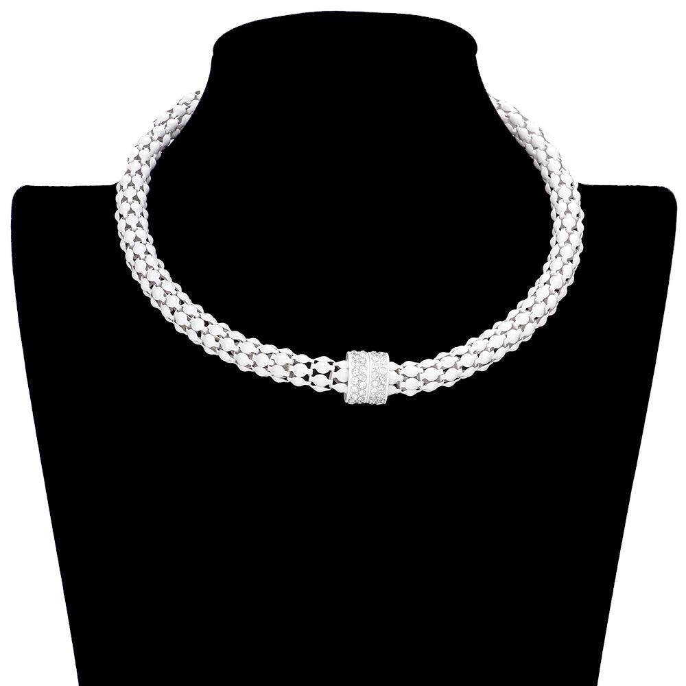 White Rhinestone Embellished Metal Choker Necklace, will add a touch of glamour to your look. Crafted from durable metal and embellished with sparkling rhinestones, this choker necklace will be a great accessory for any outfit on any special occasion. An excellent gift item for birthdays, anniversaries, weddings, etc.