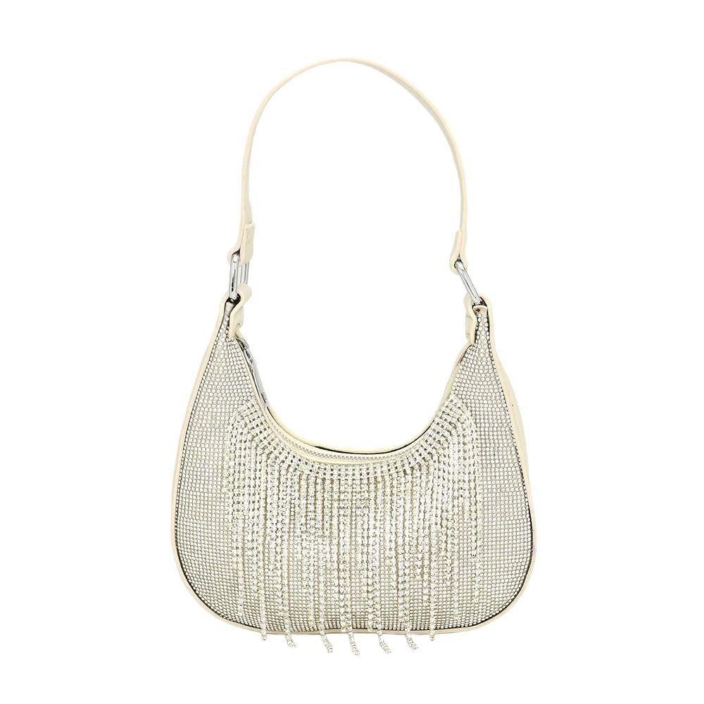 White Rhinestone Fringe Evening Shoulder Crossbody Bag, exudes glamour and sophistication with its sleek design and rhinestone detailing. It features an adjustable shoulder strap and a durable closure to ensure all your belongings stay secure. Shine up with This Rhinestone Fringe Evening Shoulder Crossbody Bag.