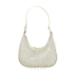 White Rhinestone Fringe Evening Shoulder Crossbody Bag, exudes glamour and sophistication with its sleek design and rhinestone detailing. It features an adjustable shoulder strap and a durable closure to ensure all your belongings stay secure. Shine up with This Rhinestone Fringe Evening Shoulder Crossbody Bag.