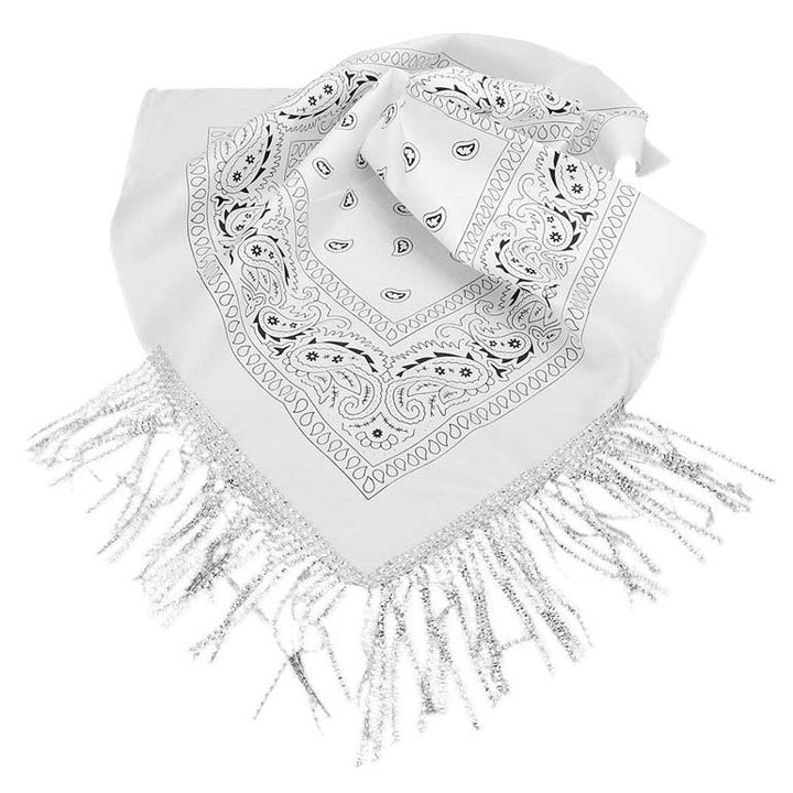 White-Rhinestone Like Fringe Cowgirl Bandana Scarf adds a touch of sparkle and charm to any outfit. The fringe detailing and cowgirl motif make it a perfect accessory for any western-themed event. Made with high-quality materials, this scarf offers both style and durability. Perfect gift choice for someone you love.