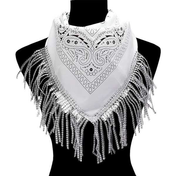 White-Rhinestone Like Fringe Cowgirl Bandana Scarf adds a touch of sparkle and charm to any outfit. The fringe detailing and cowgirl motif make it a perfect accessory for any western-themed event. Made with high-quality materials, this scarf offers both style and durability. Perfect gift choice for someone you love.