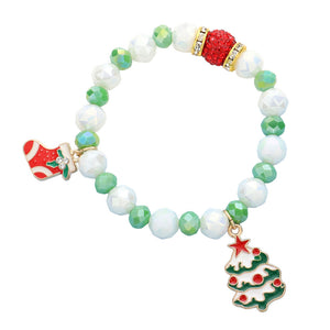 White Rudolph Christmas Tree Charm Faceted Beaded Stretch Bracelet. Adorn your wrist this holiday season with these bracelets. Bring a festive touch to your wardrobe this season. Awesome gift item for every young adult, sister, daughter, bestie, wife or partner, friend and family member.