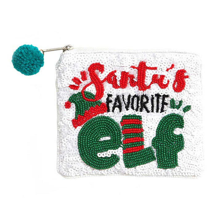 White Santas Favorite Elf Message Sequin Beaded Mini Pouch Bag, Be the ultimate fashionista while carrying this trendy message-themed mini pouch bag! Add the perfect luxe to your Christmas attire with it. This is the perfect gift for Christmas, especially for your friends, family, and the people you love and care about.