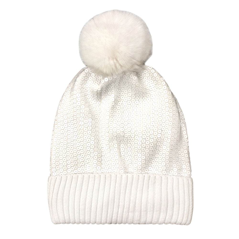 White Sequin Embellished Pom Pom Beanie Hat before running out the door reach for this toasty hat to keep you incredibly warm. Fun accessory, it's the autumnal touch to finish your ensemble. Birthday Gift, Christmas Gift, Anniversary Gift, Regalo Navidad, Regalo Cumpleanos, Regalo Dia del Amor, Valentine's Day Gift