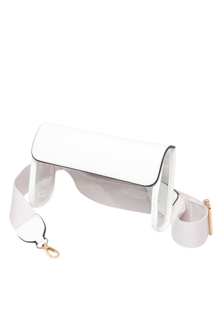 Solid Trim Clear Stadium Crossbody Bag combines transparency with reinforced solid trim for enhanced durability and style. Designed to meet stadium security requirements, it offers easy visibility of contents while maintaining a sleek, structured look. Its crossbody design ensures comfortable, hands-free wear, making it a practical choice for events where convenience and compliance are essential.