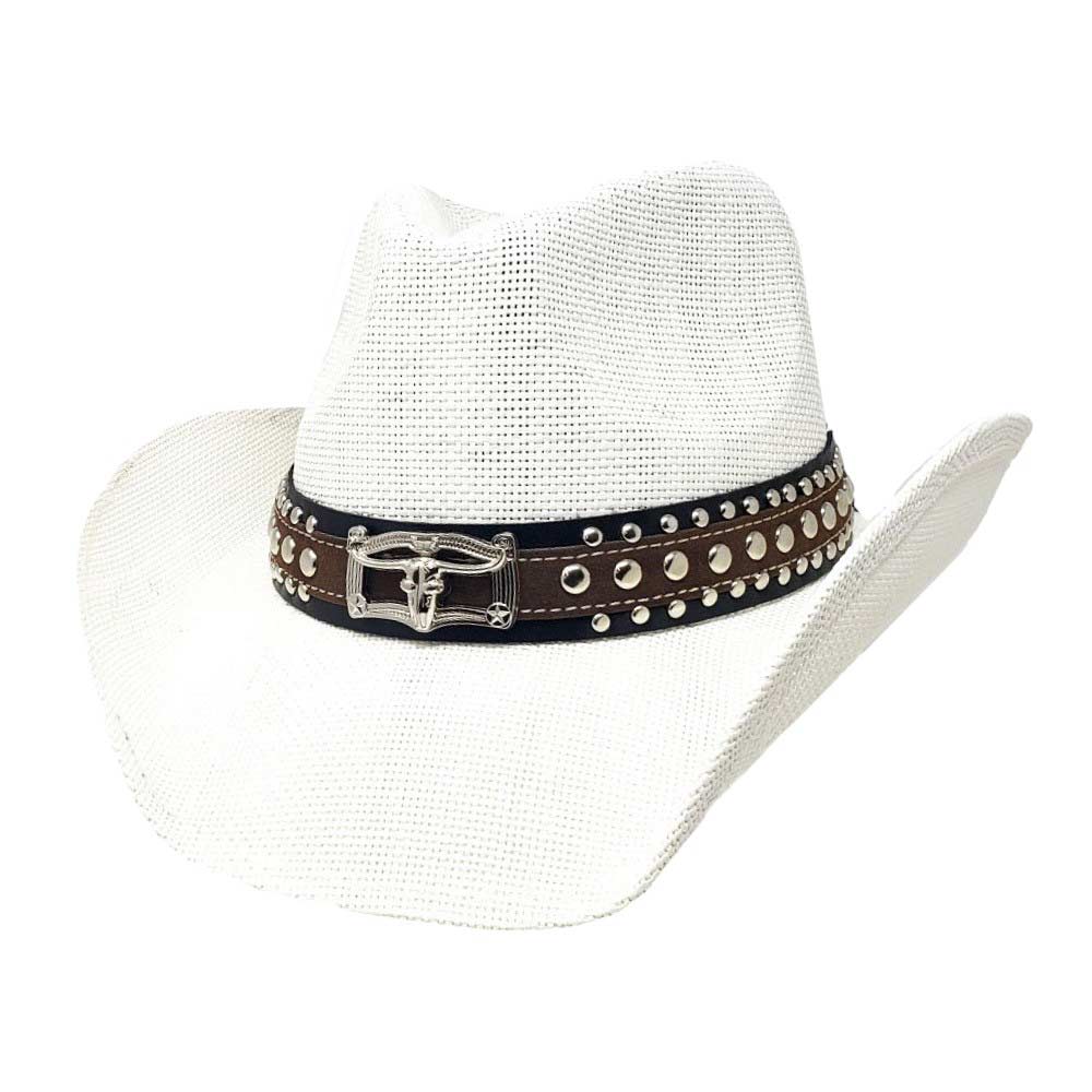 White Steer Head Pointed Faux Leather Band Straw Cowboy Hat, Stay stylish and comfortable with our modern cowboy hat. Made with high-quality paper materials, this hat features a classic pointed design and a faux leather band with a steer head embellishment. Perfect for any outdoor or western-inspired event.