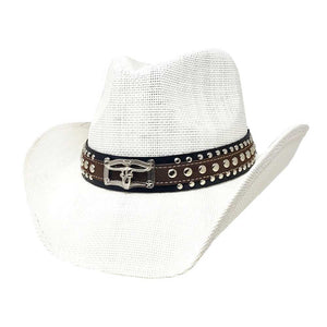 White Steer Head Pointed Faux Leather Band Straw Cowboy Hat, Stay stylish and comfortable with our modern cowboy hat. Made with high-quality paper materials, this hat features a classic pointed design and a faux leather band with a steer head embellishment. Perfect for any outdoor or western-inspired event.