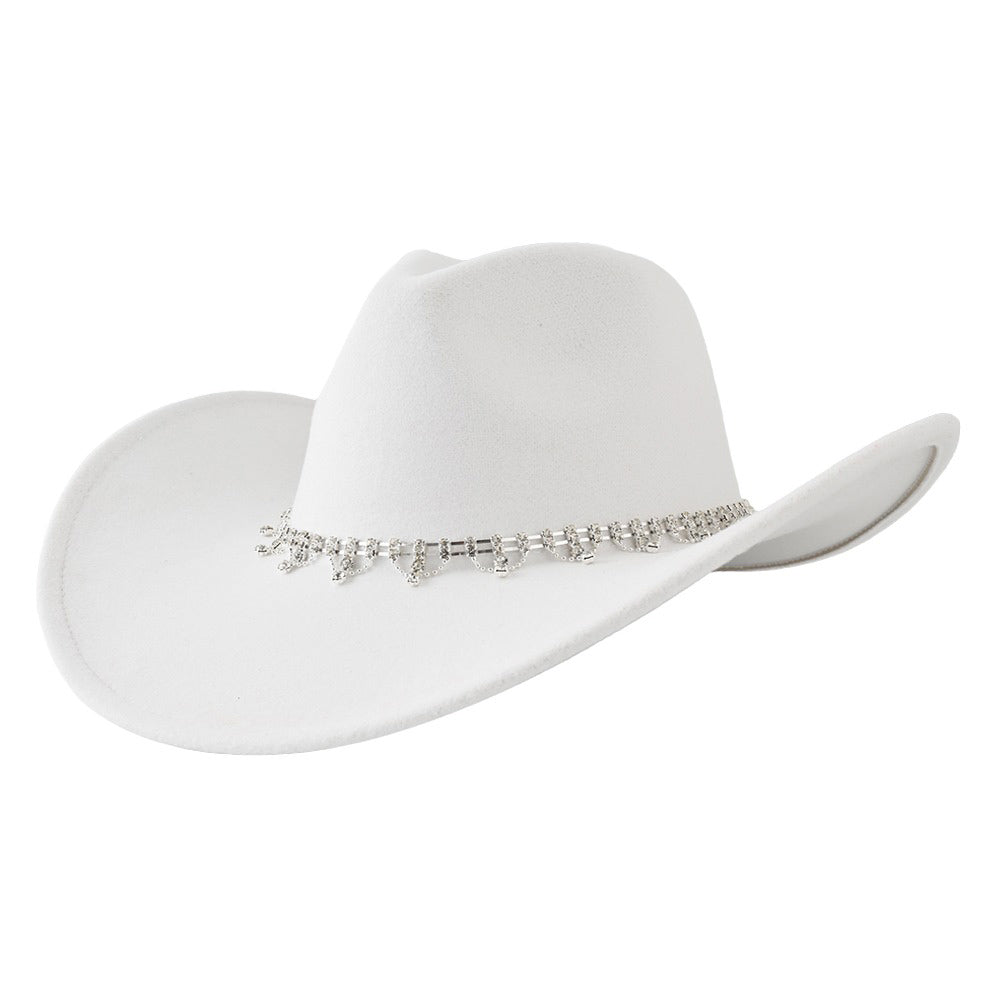 White Stone Embellished Band Pointed Solid Cowboy Fedora Panama Hat, is ideal for your western wardrobe. Crafted from quality materials, this fedora features a pointed crown and a stone-embellished band for a rugged and stylish look. Perfect for Country and western events or everyday wear.