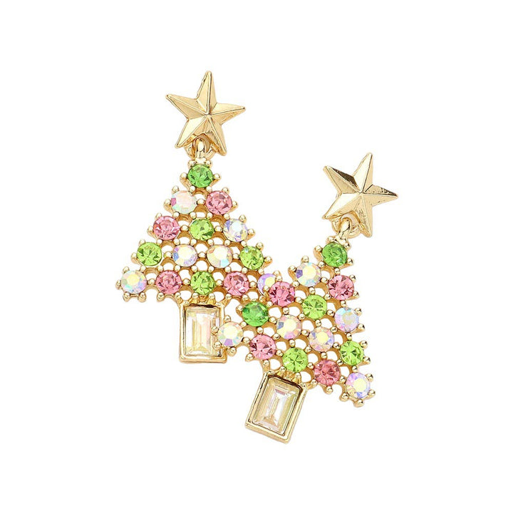 White Stone Embellished Christmas Tree Earrings. Celebrate the Christmas season with these. With a delicate mix of stones, its festive tree design will add a touch of sparkle to your outfit. Perfect for giving your loved ones a special gift this holiday season.