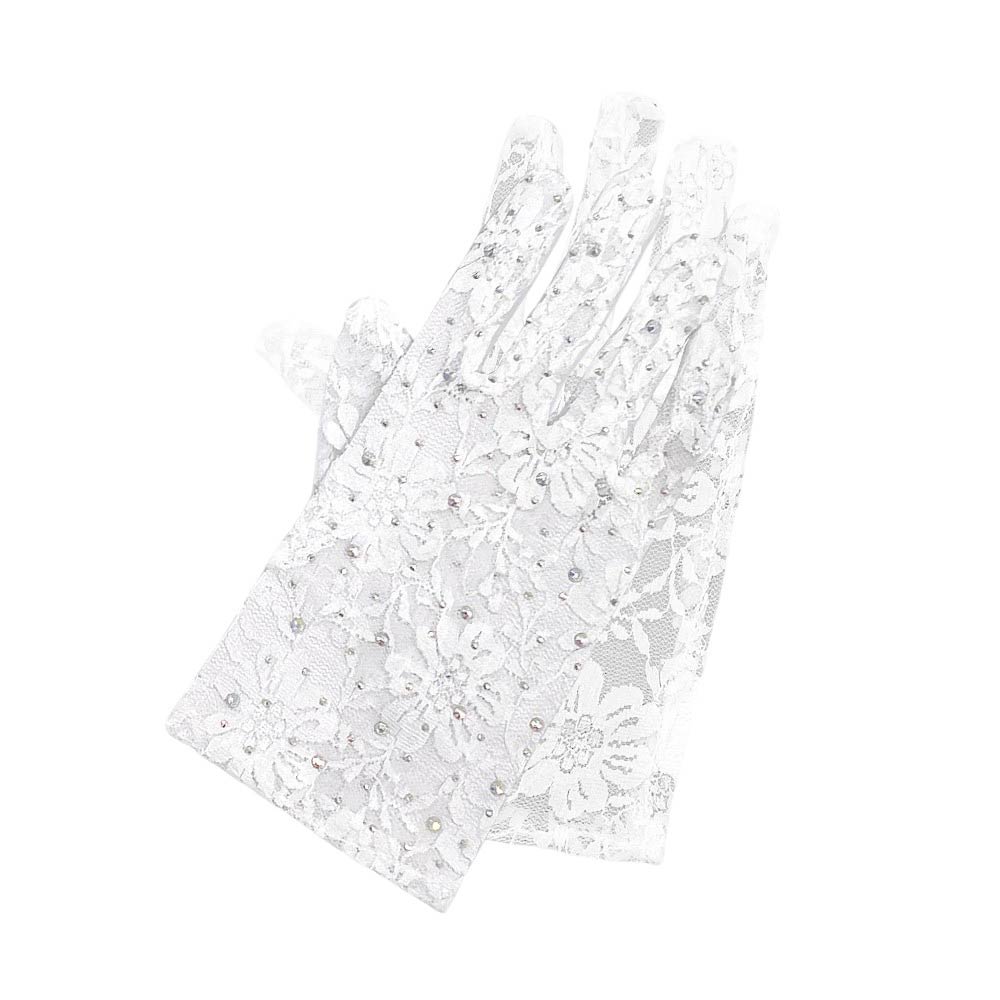 White-Stone Embellished Floral Lace Dressy Wedding Gloves, Crafted with intricate floral lace and adorned with sparkling stones, these gloves add a touch of elegance to any outfit. Made with high-quality materials, they provide a comfortable fit and enhance your overall bridal ensemble.
