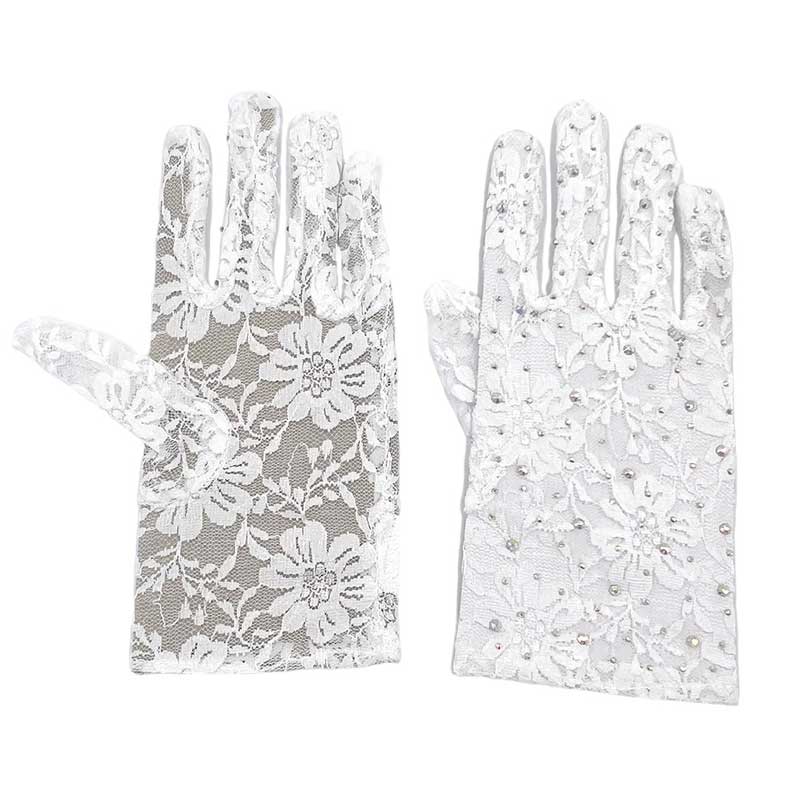 White-Stone Embellished Floral Lace Dressy Wedding Gloves, Crafted with intricate floral lace and adorned with sparkling stones, these gloves add a touch of elegance to any outfit. Made with high-quality materials, they provide a comfortable fit and enhance your overall bridal ensemble.