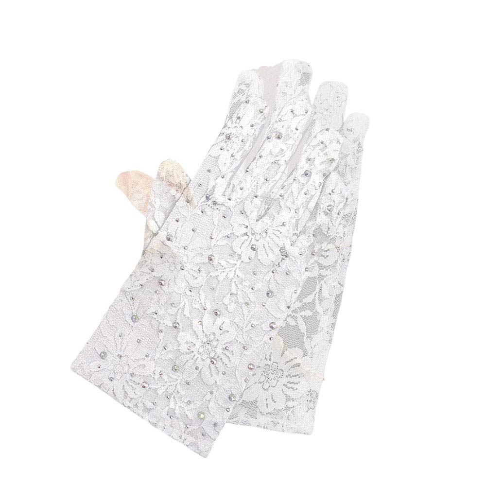 White-Stone Embellished Floral Lace Dressy Wedding Gloves, Crafted with intricate floral lace and adorned with sparkling stones, these gloves add a touch of elegance to any outfit. Made with high-quality materials, they provide a comfortable fit and enhance your overall bridal ensemble.