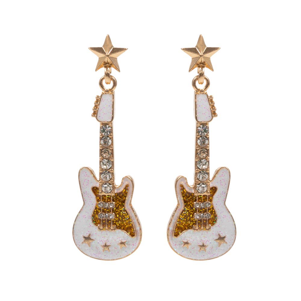 White-Stone Embellished Glittered Enamel Guitar Dangle Earrings add a touch of sparkle and charm to any outfit. With their unique design and high-quality materials, these earrings are perfect for music lovers and fashion enthusiasts alike. Elevate your style with these stunning and beautifully crafted earrings.