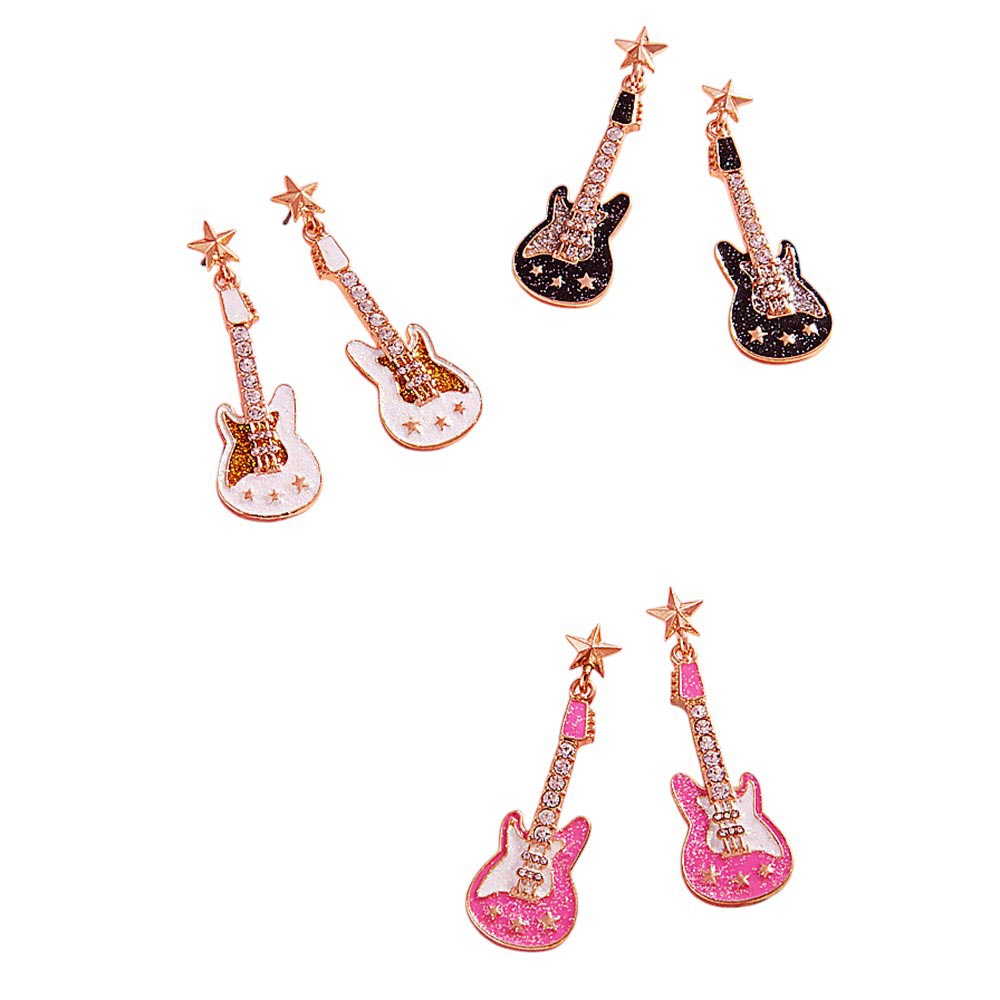 White-Stone Embellished Glittered Enamel Guitar Dangle Earrings add a touch of sparkle and charm to any outfit. With their unique design and high-quality materials, these earrings are perfect for music lovers and fashion enthusiasts alike. Elevate your style with these stunning and beautifully crafted earrings.