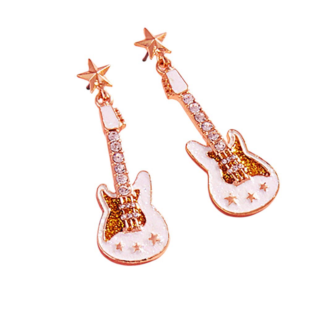 White-Stone Embellished Glittered Enamel Guitar Dangle Earrings add a touch of sparkle and charm to any outfit. With their unique design and high-quality materials, these earrings are perfect for music lovers and fashion enthusiasts alike. Elevate your style with these stunning and beautifully crafted earrings.