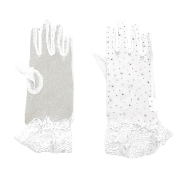 White-Stone Embellished Lace Cuff Mesh Dressy Wedding Gloves, These gloves feature intricate lace and stunning stone embellishments, perfect for adding a touch of elegance and sophistication to your special day. Made with high-quality materials for a comfortable and stylish fit.