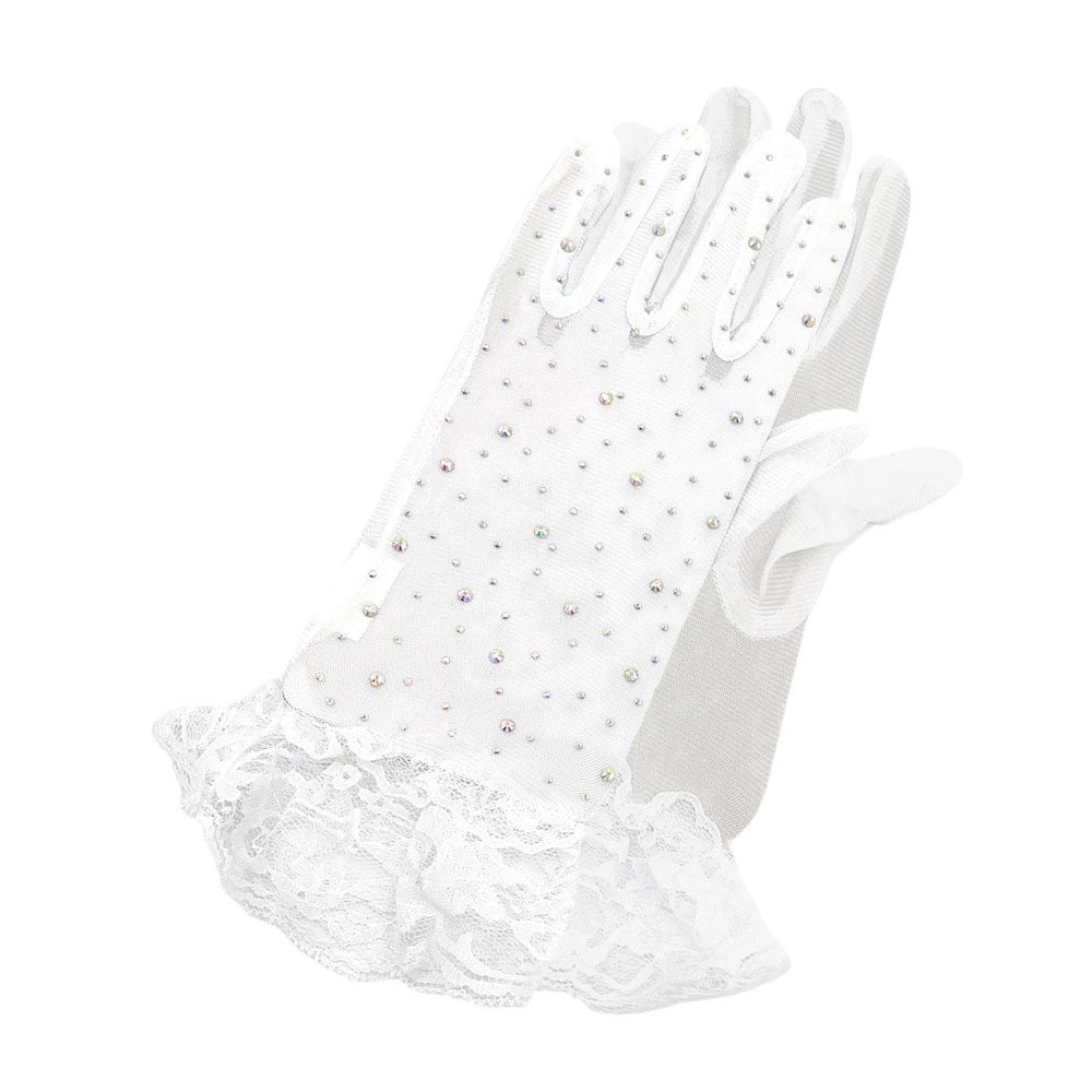 White-Stone Embellished Lace Cuff Mesh Dressy Wedding Gloves, These gloves feature intricate lace and stunning stone embellishments, perfect for adding a touch of elegance and sophistication to your special day. Made with high-quality materials for a comfortable and stylish fit.