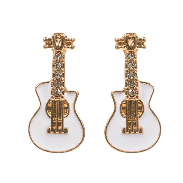 White-Stone Paved Enamel Guitar Stud Earrings, A stylish and unique addition to any jewelry collection. With a delicate design and expert craftsmanship, these earrings offer a sophisticated touch to any outfit. Made with high-quality materials, they are durable and long-lasting and perfect gift for your friends and lovers
