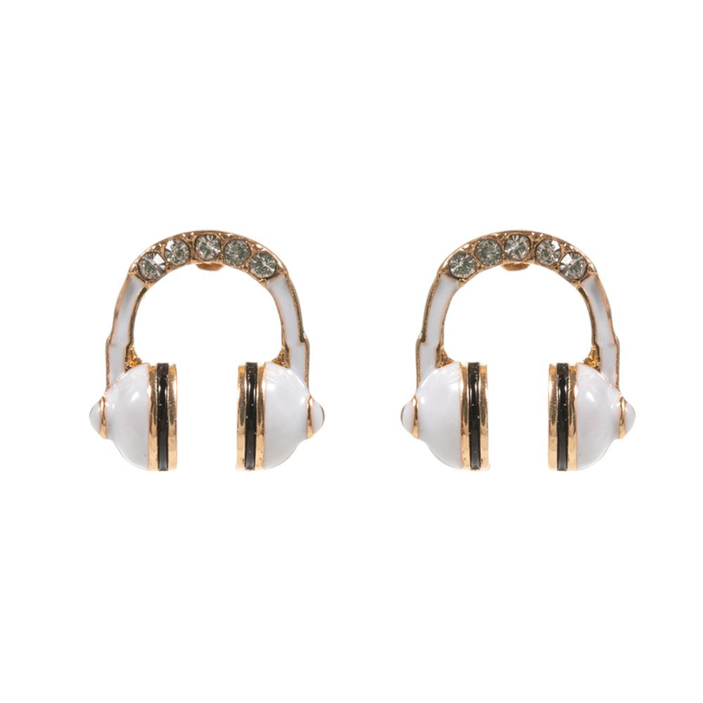 White-Stone Paved Enamel Headphone Stud Earrings are a must-have for any music lover.Made with high-quality materials, these earrings are durable and stylish.The stone and enamel detailing adds a touch of elegance, making them perfect for any occasion.Show off your passion for music with these unique and fashionable earrings