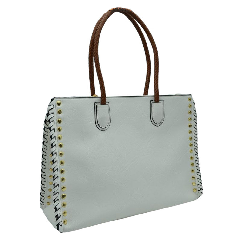 White Studded Faux Leather Whipstitch Shoulder Bag Tote Bag, is crafted from high-quality faux leather, featuring a stylish whipstitch trim and studded accents. Its adjustable strap makes it perfect for everyday use, this spacious handbag features a roomy interior to hold all your essentials. This bag is sure to turn heads.