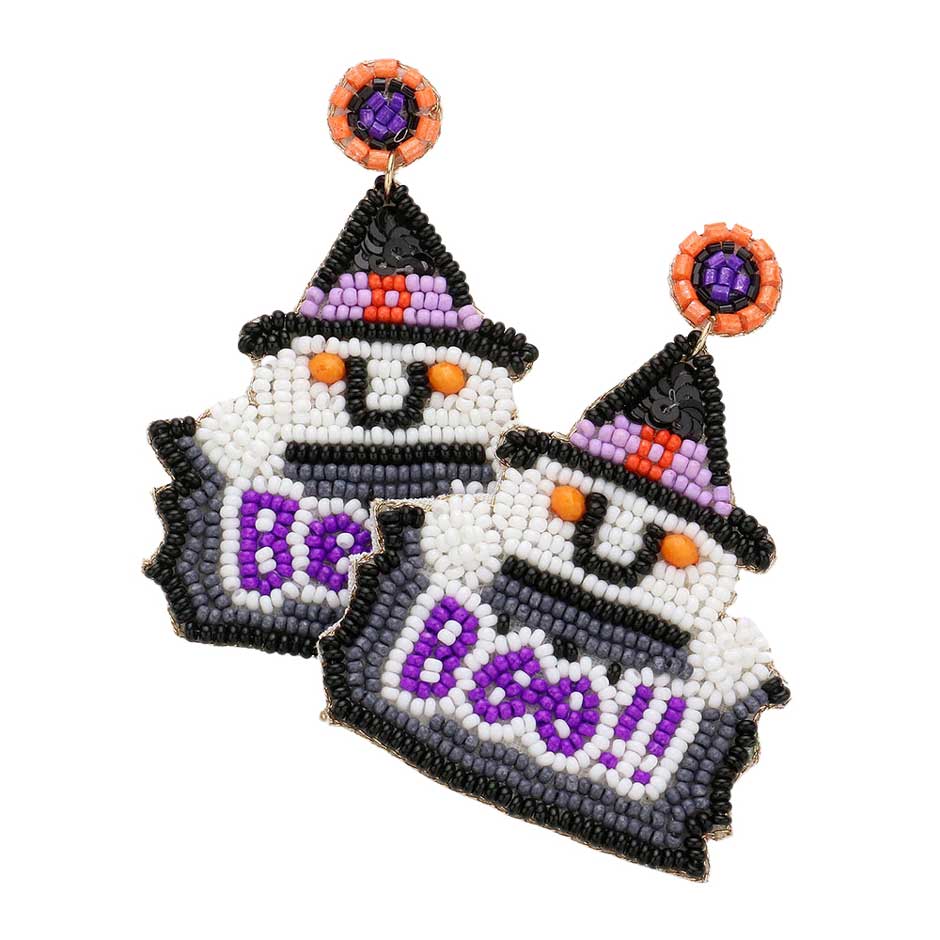 White Trendy Boo Message Felt Back Seed Beaded Ghost Earrings, are fun handcrafted jewelry that fits your lifestyle, adding a pop of pretty color. This pretty & tiny earring will surely bring a smile to one's face as a gift. This is the perfect gift for Halloween, especially for your friends, family, and the people you love.