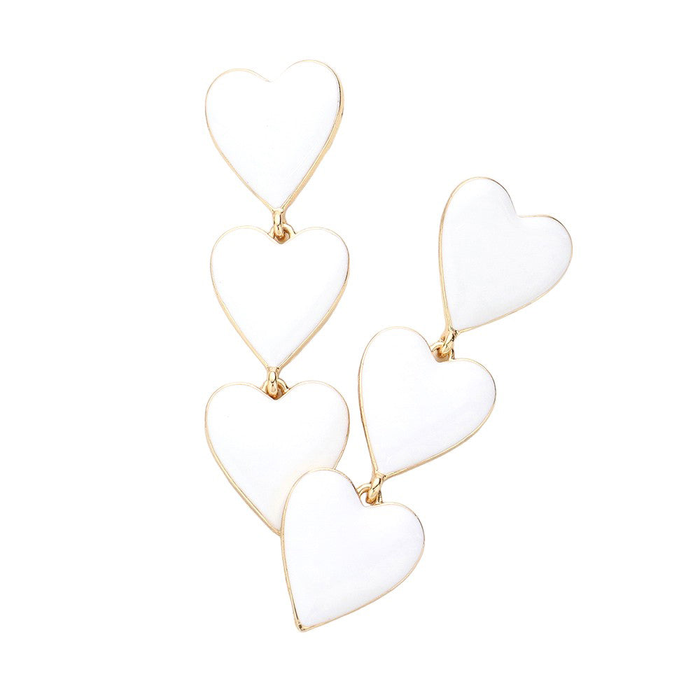 White Triple Enamel Heart Link Dangle Earrings, Add a touch of romance to any outfit with our heart earrings! Featuring delicate heart links and a vibrant enamel coating, these earrings are sure to make a statement. Perfect for date nights or everyday wear, you'll love the eye-catching charm these earrings bring.