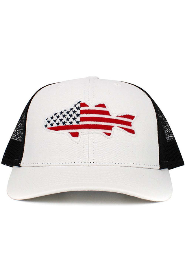 White Black The Fish Flag Mesh Back Baseball Cap features a bold American flag and fish design, combining patriotic style with an outdoors-inspired look. Designed with a breathable mesh back and classic fit, it offers comfortable wear for everyday use, fishing trips, and outdoor adventures.